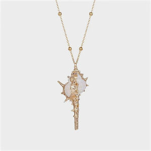 Gold Shell Pendant Necklace with Natural Sea Conch and Beaded Chain